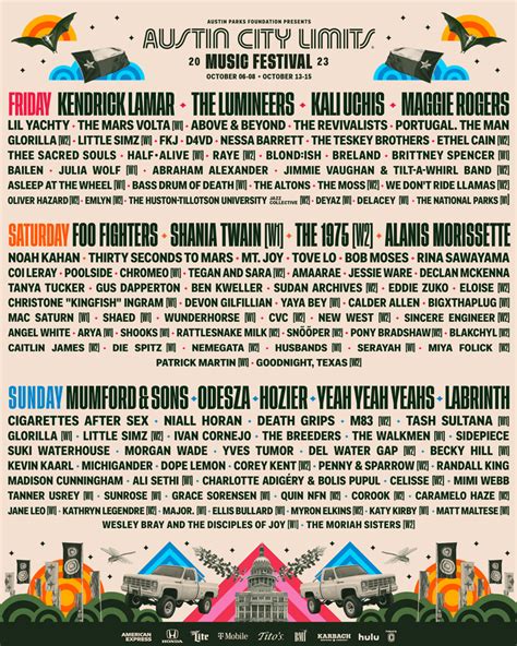 This October festival-goers will have the opportunity to see up 9 headliners, including Kendrick Lamar, Foo Fighters, Mumford & Sons, Odessza, The Lumineers, Shania Twain (weekend one only), Alanis Morissette, The 1975 (weekend two only), and Hozier. . Acl tickets weekend 2